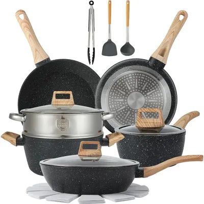 16 Piece Pot Set Non-stick Cookware Set Non-stick Cooking Set (Black, 16 Pieces)