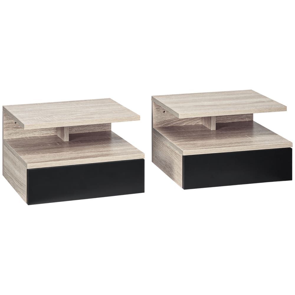 Lot de 2 tables de chevet murale tiroir niche aspect chêne clair noir
