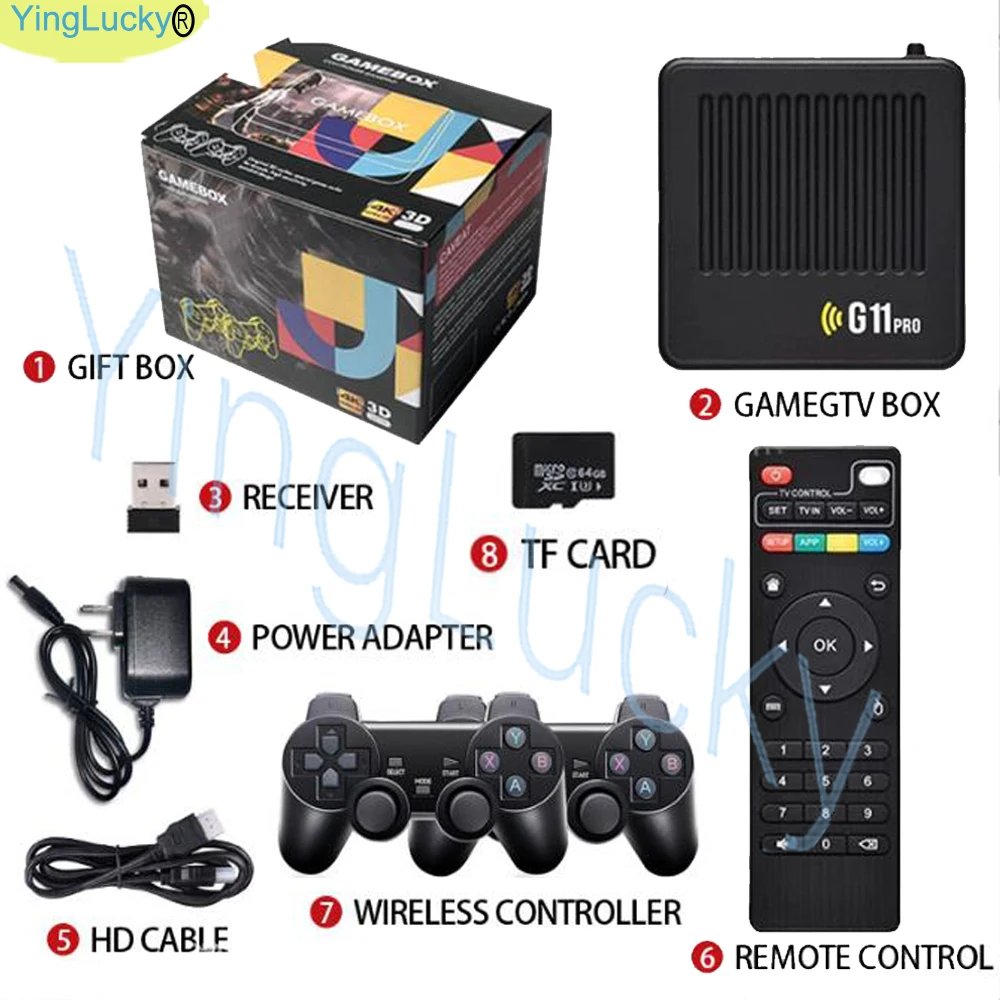 Console de jeux Arcade Emuelec G11 Pro Game Box TV 256G avec plus de 60000 jeux rétro, console de jeux vidéo 4K HD, manette sans fil 2.4G pour PS1/GBA