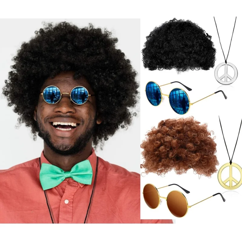 Cosplay Party Festival Hippie Anzug Set Übertriebene Perücke Sonnenbrille Halskette Halloween Hip Hop Kostüm Anzug Perücke Lockiges Haar Hüte