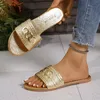 Damen Casual Slides Damen Leder Hausschuhe für Damen Schuhe Flache Sandalen Peep Toe Gold Silber