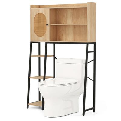 Costway Over The Toilet Storage Cabinet with PE Rattan Door and Open Storage Shelves-Natural