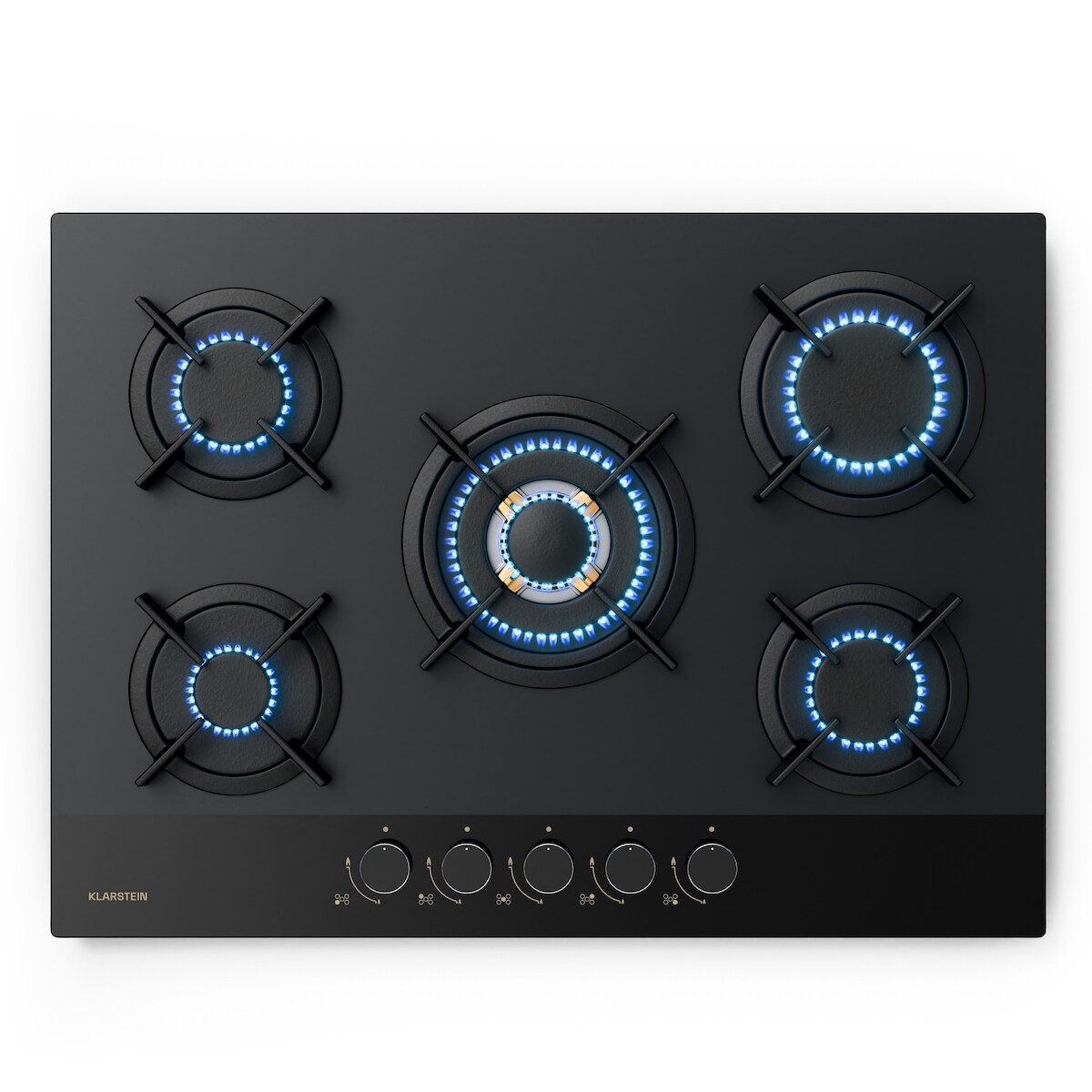 Klarstein Goldflame Nano Gaskochfeld | 5 Messingbrenner | 8 kW | Nano-Beschichtung | LPG/Erdgas Schwarz Image
