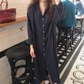 Femmes Robe Longue Maxi Robe Robes inspirées du lin Robe Chemise Robe Décontractée Élégant Occasionnel Vacances Quotidien Date Coupe régulière Uni manche longue Revers Blanche Rose Claire bleu marine