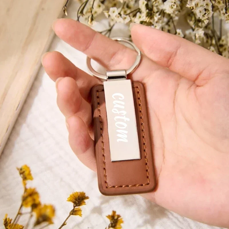 Hochwertiger Laser-Schlüsselanhänger mit individuellem Logo, Leder und Metall, blanko, gravierter Schlüsselanhänger, personalisierbar, Nummer, Auto-Ring, Schlüsselanhänger, Firmenname, Geschenk Image