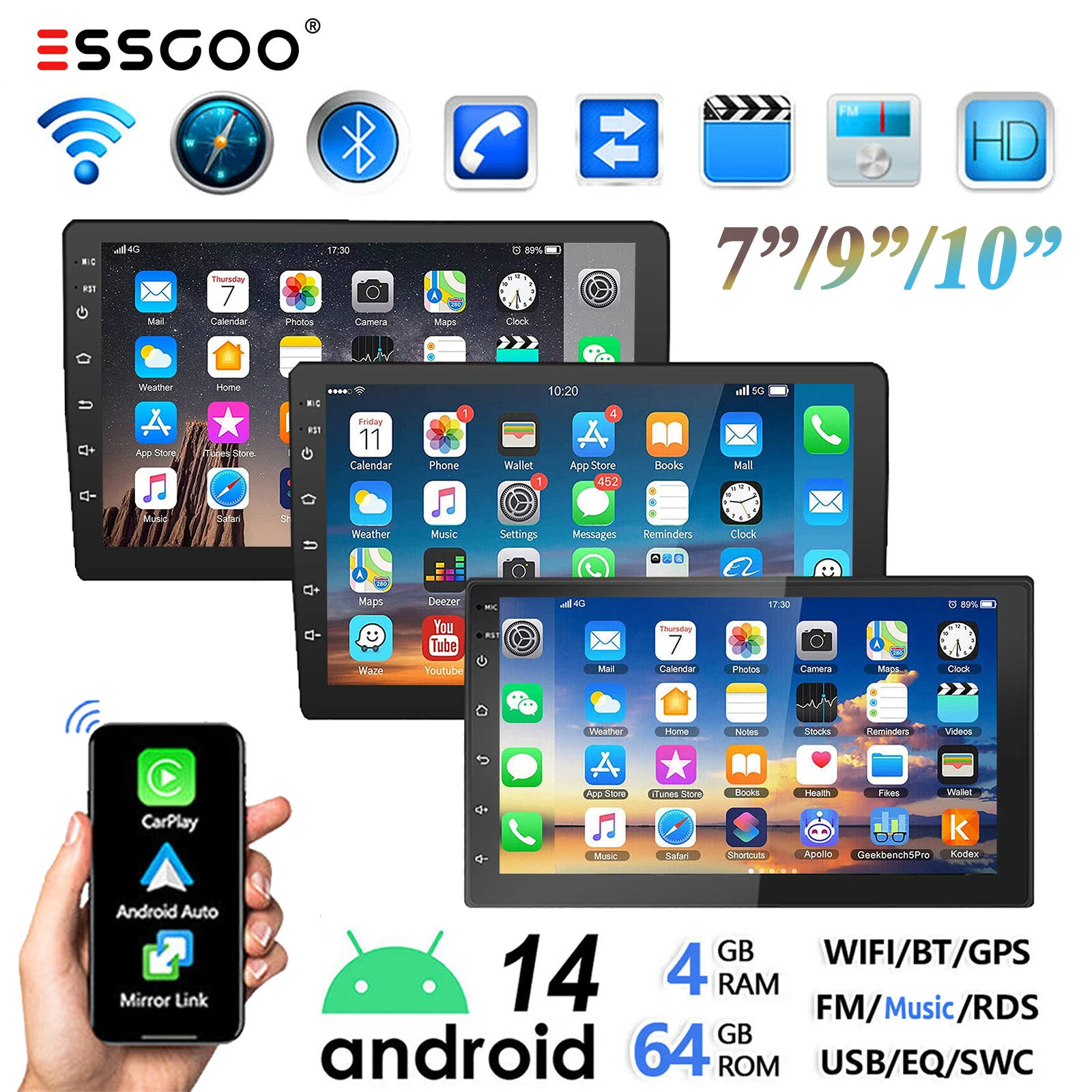 ESSGOO Autoradio 2 DIN Android 14 7"/9"/10" 4+64G Carplay Android Auto Navigazione GPS Bluetooth FM RDS Radio WIFI Schermo tattile USB Mirror Link ChatGPT Voce AI