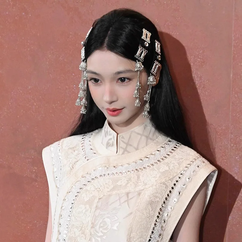 2025 New Ethnic Style Silver Purple Color Geometric Wind Bell Long Fringe Hairpin Charms Hair Clips for Women Trendy Accessories Image