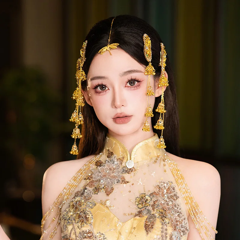 Chinesischer Stil, vergoldet, lange Kette, Quaste, neu in Haarspangen für Frauen, Blumenglocke, Braut, Hochzeit, ethnischer Haarschmuck Image