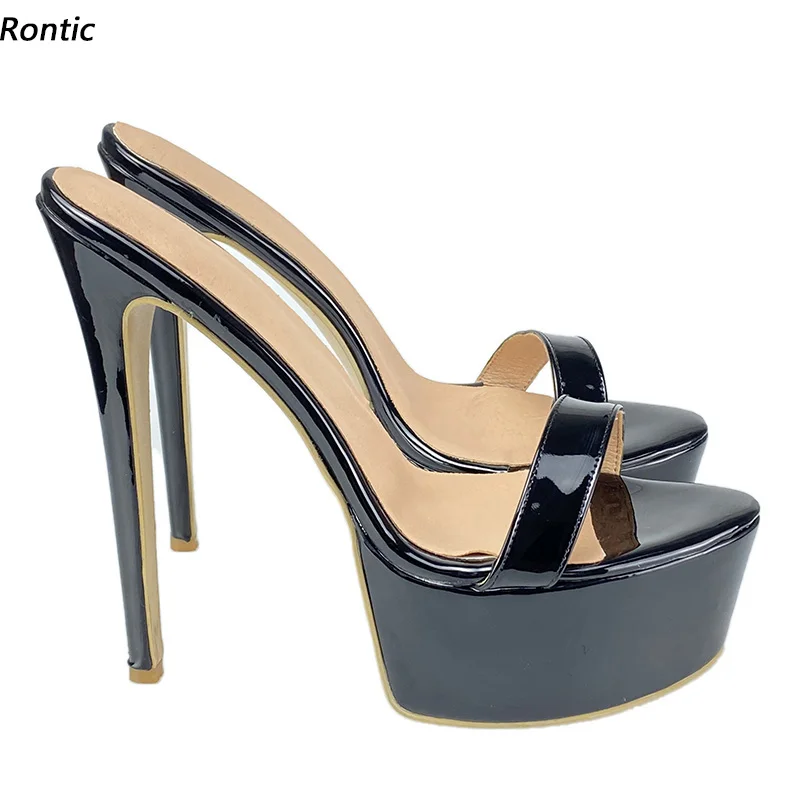 Rontic Handarbeit Frauen Plattform Sandalen Patent Leder Sexy Stiletto Heels Offene spitze Elegante Schwarze Beiläufige Schuhe Größe 34 45 47 52