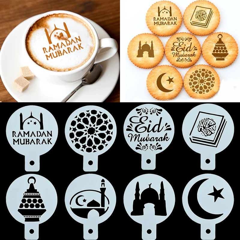 8 stücke PET Eid Mubarak Kaffee Spray Schablonen Cookie Kuchen Form Ramadan Kareem Dekoration 2025 Muslim Islamischen Festival Party Supplie Image