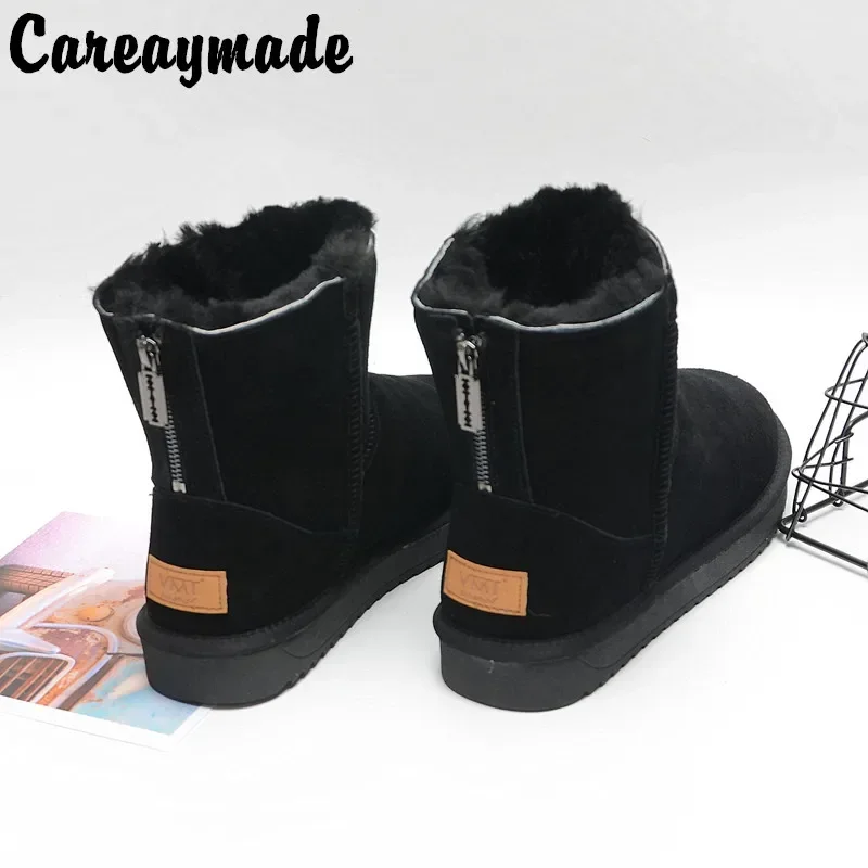 Careaymade-Echtes Leder große Damenstiefel Winter warm Schnee Herren mittlere Stiefel Rindsleder rutschfeste Reißverschluss Baumwollschuhe Image