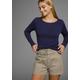 Langarmshirt H.I.S, Damen, Gr. 36/38, blau (marine), Feinripp, Obermaterial: 100% Baumwolle, unifarben, clean, Basic, figurbetont hüftbedeckend, Rundhals, Langarm, Shirts, figurbetonte Passform, Feinrippstoff aus Baumwolle und Viskose
