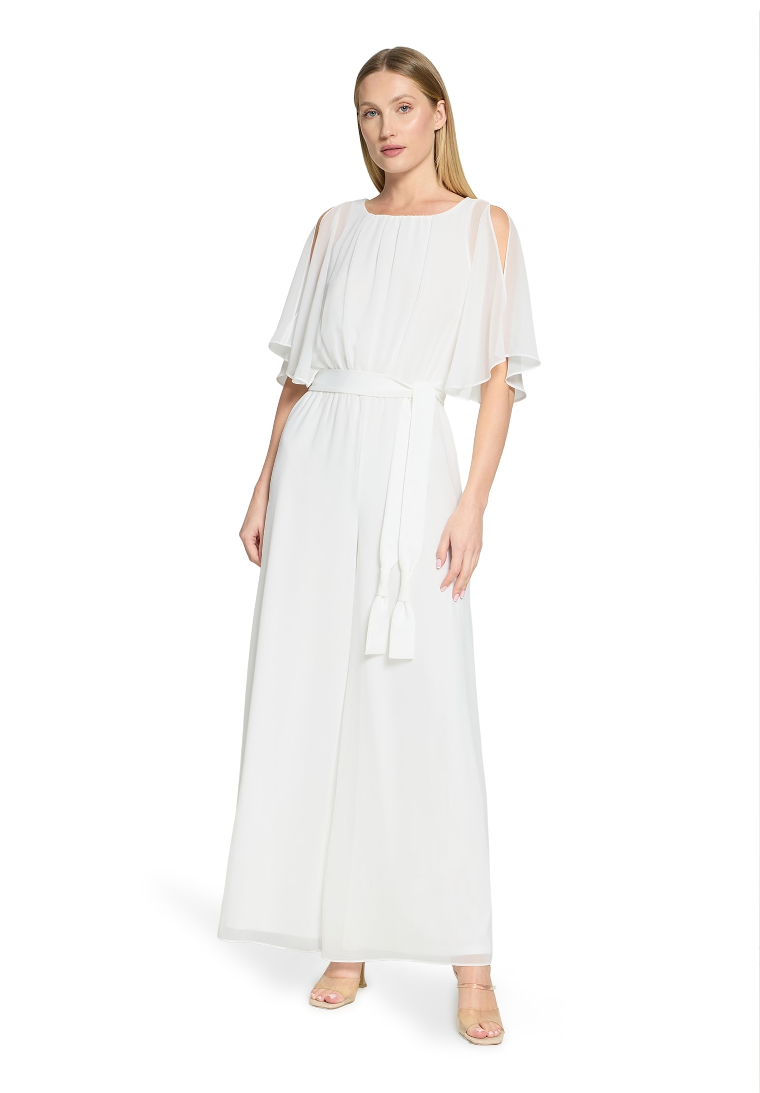 Overall VERA MONT "Damen mit Bindegürtel", Damen, Gr. 48, Normalgrößen, weiß (rohweiß), Chiffon, Obermaterial: 100% Polyester; Futter: 100% Polyester, ausgestellt, Rundhals, Overalls Overall, Design