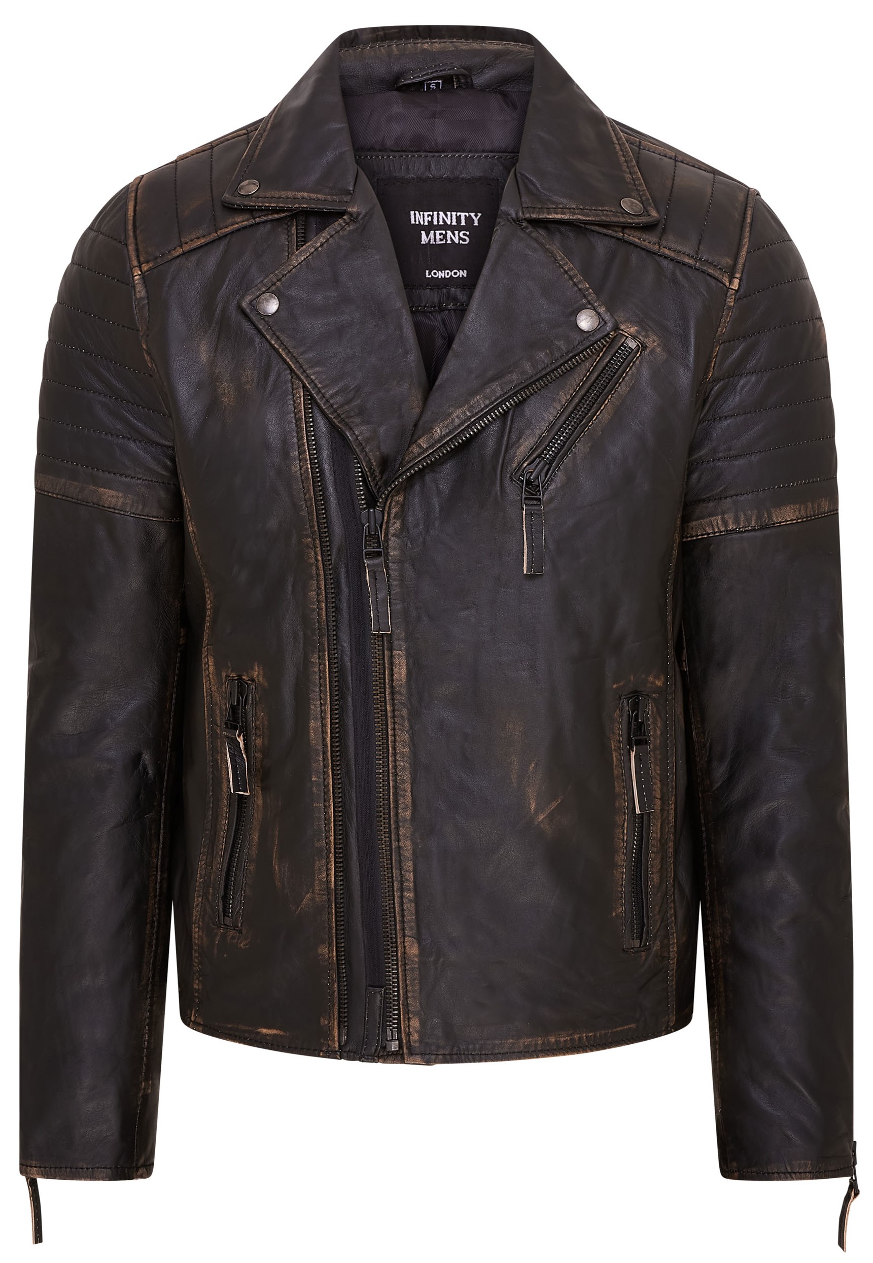 Schwarze Brando-Bikerjacke aus Leder im Vintage-Stil mit doppeltem Kreuzreißverschluss für Herren – Fagernes