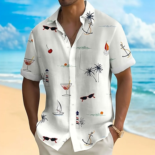 Herren Kokospalme Tropische Pflanzen Sommer Hawaiihemd Knopfhemd Alohahemd Kurzarm Hawaiianisch Resort Urlaub Ferien Strandbekleidung Sommer Frühling Umlegekragen Hemden mit Kragen Blau Schwarz Weiß Image