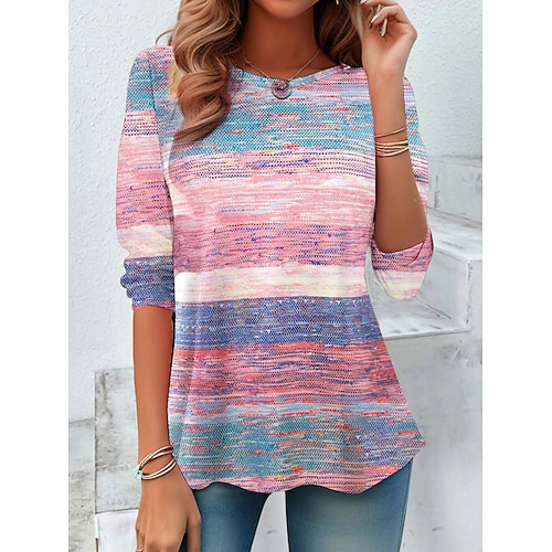 Damen T-Shirt Langarm Rundhals Langarm Tunika Ombre Casual Reguläre Oberteile Täglicher Druck Rosa Blau Lila Grün Frühling Herbst Vorherherbst Image