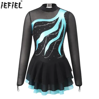 Kids Girls Rhinestone Figure Skating Dress Mesh Splice Ballet Dance Gymnastics Leotard Stage