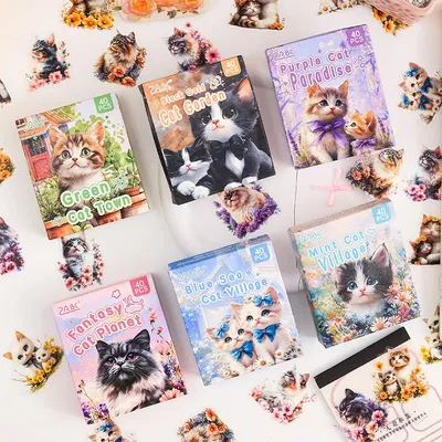 40 Pcs/Box Kawaii Cartoon Cat Handbook Labels Stickers Journals Scrapbooking Album Phone Diary