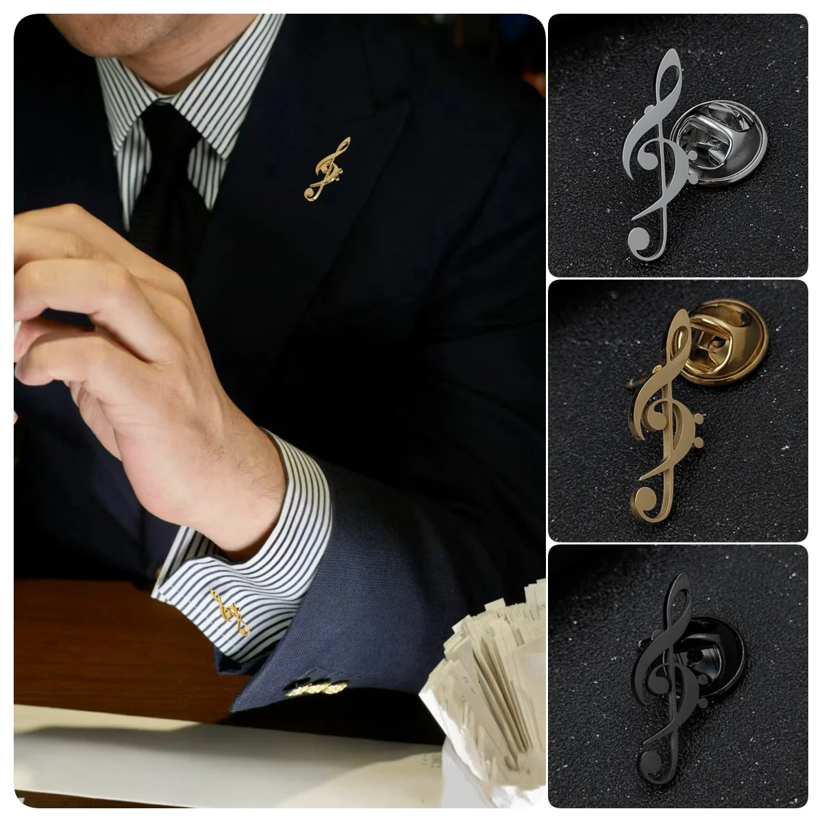 Musical symbol hollow gold-plated badge, women’s anti-exposure buttons, suit lapel pin, men’s collar brooch, couple accessories
