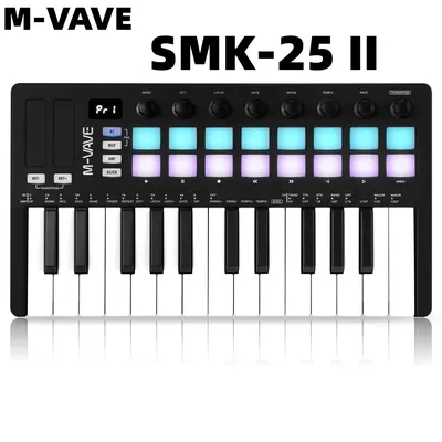 M-VAVE SMK-25 II MIDI Pad Controller Keyboard USB Mini 25 Key 16 RGB Drum Pads 8 Knobs with Music