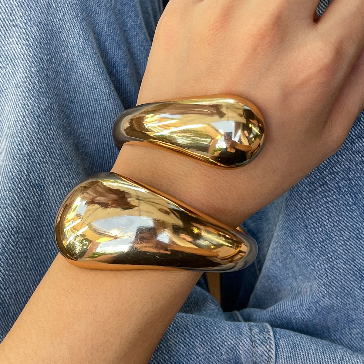 Ingemark Exaggerated Heavy Metal Water Drop Wide Cuff Bangles for Women Punk Gold Color Geometric Bracelet Jewelry Steampunk Men