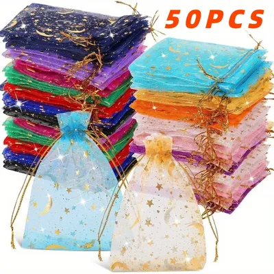 50PCS White Moon Stars Drawstring Organza Bags Jewelry Gift Bags Pouches Gold Star Organza Favor