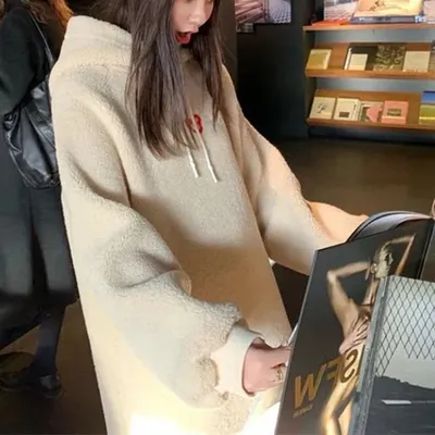 New Pregnant Women Korean Loose Thickened Warm Imitation Fur One-piece Long Knee Hooded Lamb Wool