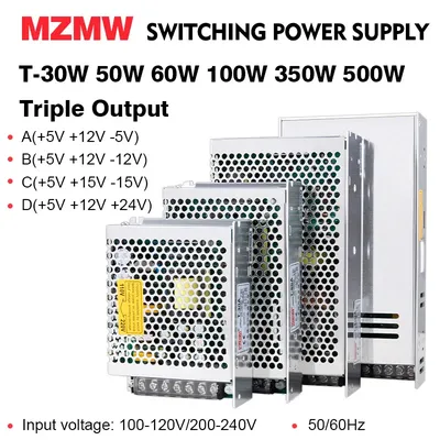 MZMW 30W 50W 60W 100W 350W 500W Triple Output Switching Power Supply AC/DC 5V 15V -15V 12V 24V