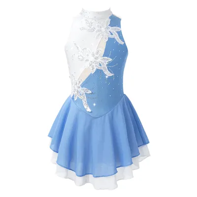 Kids Girls Figure Skating Ballet Leotards Dress Sleeveless Shiny Sequins Floral Decorated Hollow