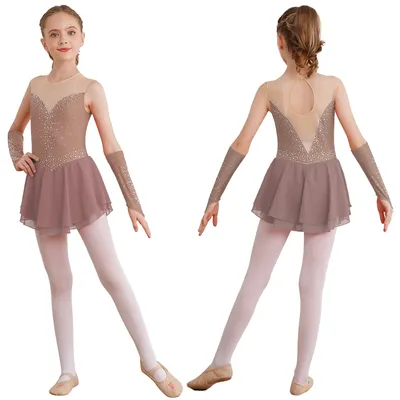 Kids Girls Figure Skating Dress Modern Lyrical Dance Rhythmic Gymnastics Leotards Tutu with Gloves