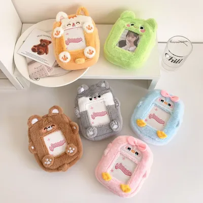 1pc Korea INS Style Cute Cartoon Animal Idol Photo Card Holder With Keyrings Plush Puppy Tiger Small