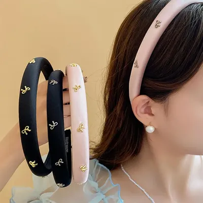 New Vintage Pink Bow Hair Hoop Headband For Women Girls Elegant Solid Color Sponge Thick Hair Band