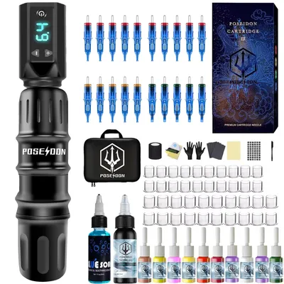 Tattoo Kit POSEIDON High Power Tattoo Pen Kit For Permanent Makeup Tattoo Machine Kit Black Wireless