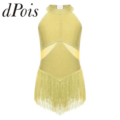 Kids Girls Rhinestones Fringed Leotard Figure Skating Dress Tassel Bodysuit for Gymnastics Cha-Cha