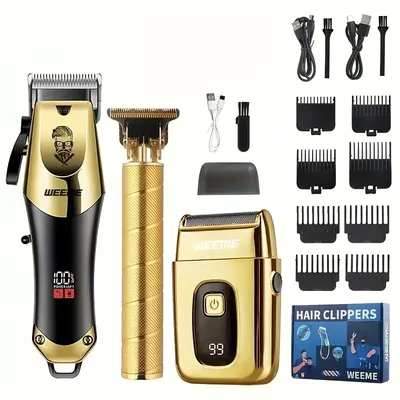 Men's Grooming Kit 3-Piece Set, Golden Balck Hair Clippers With LCD Display, USB Rechargeable, 8