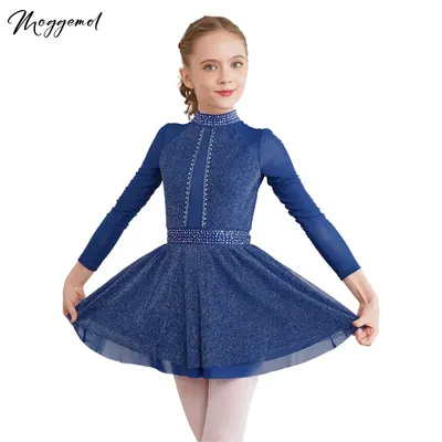 Kids Girls Artistic Figure Skating Dance Dress Gymnatics Ballerina Shimmery Long Sleeve Ballet