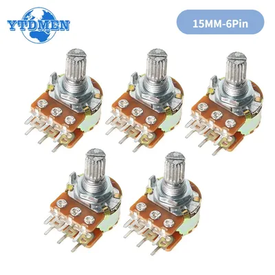 5PCS WH148 B1K B2K B5K B10K B20K B50K B100K B500K 6 Pin Shaft 15mm Amplifier Dual Stereo