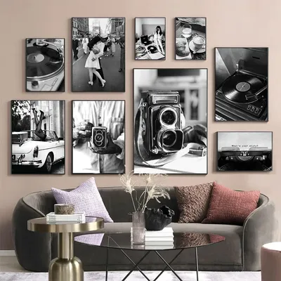 Black And White Vinyl Record Camera Wall Art Canvas Painting Vintage Typewriter Phonograph Posters