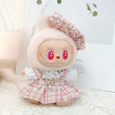 Mini Doll'S Clothes Outfit For 15-17cm Labubu V1 V2 Classic Grid style Dress Cloak Set With Pearl