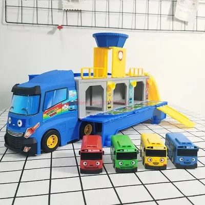 Cartoon Tayos The Little Bus Container Truck Storage Box Parking Lot With 3 Pull Back Mini Car Toys