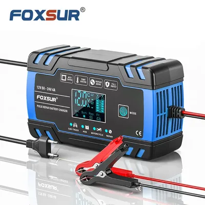 FOXSUR Car Battery Charger 12V 8A 24V 4A Touch Screen Pulse Repair LCD Fast Power Charging Wet Dry