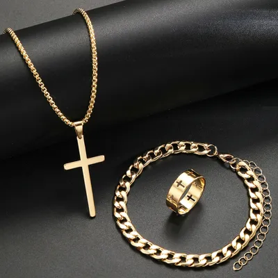 3 Pcs Men's Stainless Steel Jewelry Sets Gothic Hip Hop Style With Cross Pendant Necklace Ring