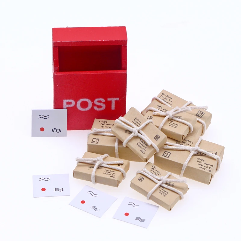1Set Dollhouse Miniature Letter Box Red POST Mailbox With Mail Sack Postcard Gnome Fairy Garden Door Furniture House Decor Model