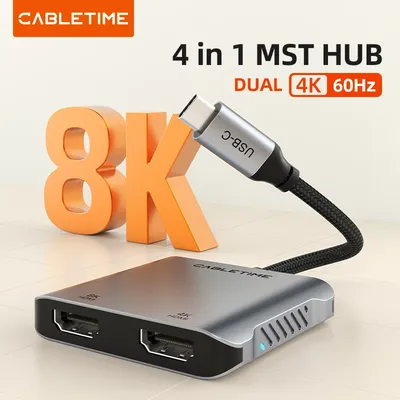 CABLETIME USB C to HDMI Hub MST 4K 8K Type C to Dual HDMI Adapter Splitter Multi Stream PD 100w Dual
