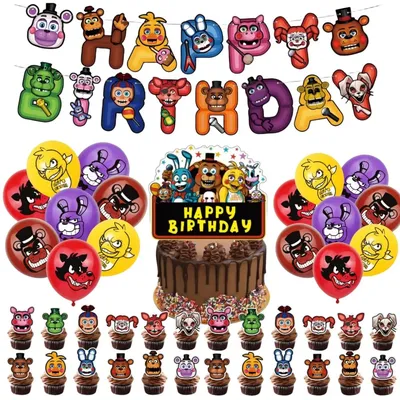 Midnight Bear Freddy Theme Birthday Party Decoration Set Flag Hanging Cake Size Insert Card Print