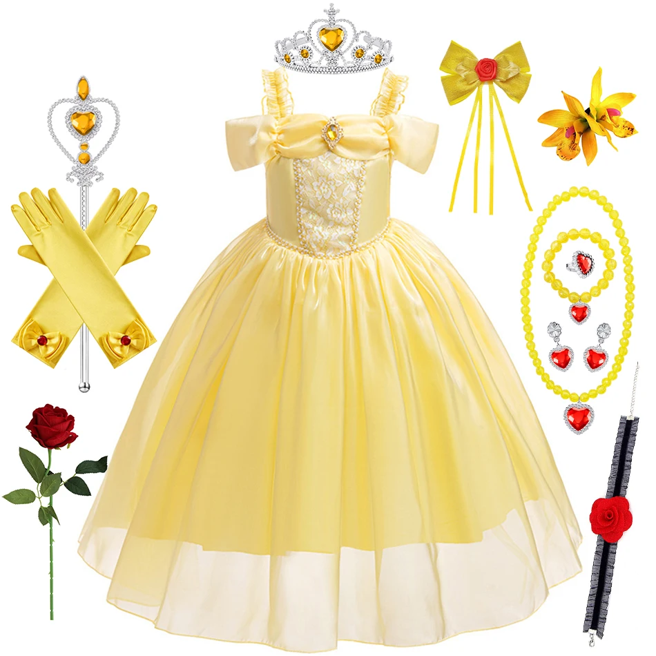 Belle Dress Kids Beauty Beast Cosplay Princess Costume Girls Mesh Prom Gown Halloween Carnival Charm Masquerade Party Vestido