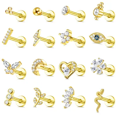 Drperfect 16Pcs Tragus Piercing Jewelry Surgical Steel Tragus Earrings Internally Threaded Flat Back Medusa Labret Lip piercing