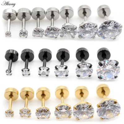 Alisouy 2pc Size 2-10mm 3 Colors Punk Medical Stainless Titanium Steel Needle Zircon Crystal Stud
