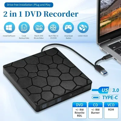 2 in 1 Interface USB 3.0 Type-C External DVD RW Drive Slim DVD CD Writer Burner Reader Player