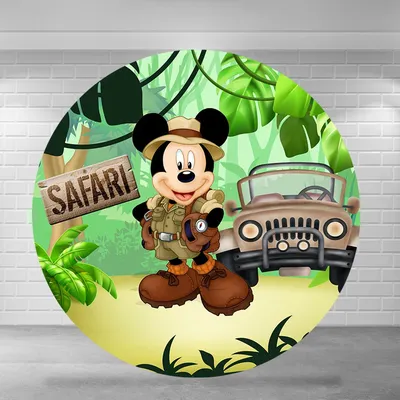 Safari Birthday Circle Backdrop Wild Mickey Mouse Jungle Forest Safari Happy Birthday for Kids Round